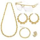 AUTOWT 80s 90s Hip Hop Costumes Clothing Kit, 5 Pcs Rapper Outfit Accessories for Men Women, DJ Rapper Sunglasses Faux Gold Chain, Round Hoop Earrings, Ring and Artificial Gold Bracelet
