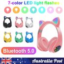 Wireless Bluetooth 5.0 Cat Ear Headset LED w/Mic Headphone For Kids Girls