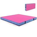 Goplus Folding Gymnastic Mat, 4ft x 4ft x 4in Thicked Bi-Fold Fitness Mat with Carrying Handles & PU Leather Cover, Home Gym Exercise Mat for Stretching, Pilates, Aerobics Workouts (Rose&Blue)