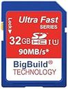 BigBuild Technology 32Go 90Mo/s Ultra Rapide Carte mémoire pour Camera de Canon Digital IXUS 185, Classe 10 SD SDHC