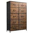 WLIVE Tall Dresser for Bedroom with 10 Drawers, Chest of Drawers, Fabric Dresser for Nursery, Closets, Storage Organizer Unit with Fabric Bins, Steel Frame, Wood Top, Rustic Brown Wood Grain Print