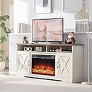 AMERLIFE 63" Farmhouse TV Stand with 26" Fireplace, for TVs up to 73", Media Entertainment Center with Adjustable Shelf & Barn Doors, Rustic TV Console Cabinet for Living Room, Rustic Oak & White