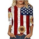 4Th of July Patriotic Tops for Women Summer Casual Crew Neck 3/4 Sleeve Blouse Retro Flag Printed Graphic Pullover Tees, Wine, Medium