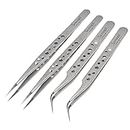 Sanhooii 4-Piece Tweezers Set Anti-Static Stainless Steel Precision ESD Tweezers 2 Straight 2 Curved for Tools for Electronics Jewellery Making Industry Grip Silver