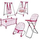 deAO Kids Deluxe 5 -in-1 Baby Doll Pretend Play Set with Cot Bed, Bouncer, Adjustable Swing Seat and High Chair Accessories Included (Doll Not Included)