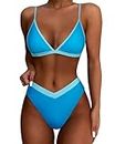 SUUKSESS Women Triangle High Cut Bikini Sets Sexy High Waisted Color Block Two Piece Swimsuits Push Up Bathing Suits(Blue,S)