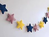 Peach Cuddle Velvet Fabric Star Bunting For Kids Room (Pack Of 1, 12 Star, Blue Yellow Purple) Nursery Decorations, Wall Decoration, Star Bunting, Fabric Bunting Garland, Star Garland, 99 CM