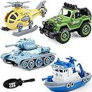 Royal Hub DIY Military Army Car Toy 4 Pack with 1 Screwdriver Tools, Kids STEM Toys Including 1 Helicopter, 1 Jeep, 1 Tank, and 1 Boat for Toddlers Age 3-6, Birthday Gifts for Boys 2 3 4 5 6 Year Old