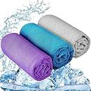 YQXCC Cooling Towel 3 Pcs (47"x12") Microfiber Towel for Instant Cooling Relief, Cool Cold Towel for Yoga Golf Travel Gym Sport Camping Football & Outdoor Sports (Purple/Light Blue/Light Gray)