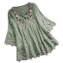 Plus Size Blouse for Women Summer Vintage Lace Patchwork Bow V-Neck Embroidery Summer 3/4 Sleeve Retro Solid Tops T-Shirt, Green, Large