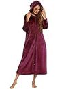 Womens Fleece Zipper Robe Plush Fleece Dressing Gown Soft Warm Full Length Hooded House Robe(Wine Red, S)