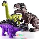 TEMI 3 Pack Electric Walking Dinosaur Toys with Roar Sounds and Lights, Realistic Robot T-Rex for Toddlers 2-4 3-5 Years, Brachiosaurus, Stegosaurus Dinosaur Figures for Kids