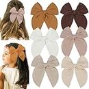 6 PCS Large Fall Hair Bows Cotton Linen Fable Hair Bow Clips for Toddler Girls Handmade Brown Maroon Fabric Hair Accessories for Little Girls Kids