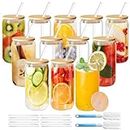 Drinking Glasses with Bamboo Lids and Glass Straw, 16oz Can Shaped Glass Cups, Beer Can Glasses, Iced Coffee Cups, Glass Tumbler with Straw, for Cocktail, Whiskey, Gift - Clear Glass Cup Set(12 Pack)