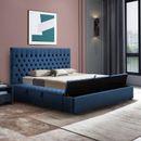 Anna Queen Upholstery Tufted Velvet Fabric Headboard Storage Bed In Deep Blue