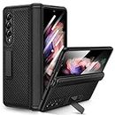 Ruky Kickstand Case for Samsung Galaxy Z Fold 3 with Hinge Protection, Full Body Case with Built-in Screen Protector PU Leather Protective Stand Phone Case for Samsung Galaxy Z Fold 3 5G, Carbon Fiber