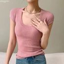 Summer Ladies Crew Neck Slim FItted Cap Sleeve Knit Tops T-shirt Blouse Pullover