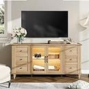 WAMPAT Farmhouse TV Stand with Yellow LED Light for TVs Up to 75 inch,Glass and Wood Universal Entertainment Center with 4 Openable Storage Doors, Console Table Storage Cabinet for 60-75 inch TV,58''