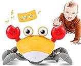 TOYDEN Yellow Crawling Crab Toys with Light Up, Interactive Musical Toy with Automatically Avoid Obstacles, USB Rechargeable, Fun Moving Toy for Babies, Toddlers and Kids