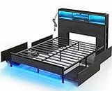 Rolanstar Queen Bed Frame with Storage Headboard, Metal Platform Bed with Charging Station, LED Bed Frame with 4 Drawers, Bookcase Storage, No Box Spring Needed, Easy Assembly, Noise-Free, Black