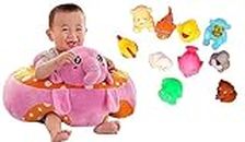 Besties Cotton Toddlers Training Seat Baby Safety Sofa Dining Chair/Learn to Sit Stool, 3-12 Months (Pink/Orange Elephant Sofa with 6pcs Chu Chu Bath Toy)
