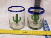 2 vasos mexicanos dobles antiguos bordes y cactus azul cobalto