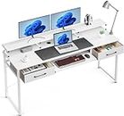 ODK Schreibtisch mit 2 Schubladen, Computertisch mit Tastaturablage, Bürotisch PC-Tisch mit Monitorablage Höhenverstellbaren für Home Office (Weiß, 160x53x90cm)