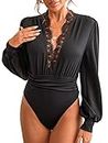 CUPSHE Women's Bodysuit Lace Plunge V-neck Trim Long Sleeve Bodysuit Party Shirred Bottoming Blouse Tops Black XL