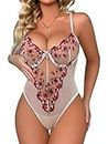 Lilosy Women Sexy Floral Embroidered Teddy Babydoll Lingerie Bodysuit Top Mesh Sheer One Piece See Through Underwire Red Small, Underwire Red, Small