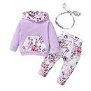 T TALENTBABY 3 Piece Baby Clothes Girls 0-24 Months, Baby Clothing Outfit Set, Newborn Girl Long Sleeve Floral Warm Clothing Set, Sweatshirt + Trousers + Headband, purple, 0-3 Months