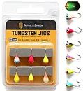 ALPHA and OMEGA - Tungsten Jig KIT (6 Jigs) (5.5mm / Hook #10) Ultra Glow & UV Ice Fishing Jigs Lures Trout Crappie Perch Bluegill Bass Whitefish Walleye (Pack of 6)