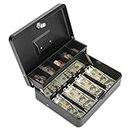 Polspag Cash Box with Lock and 2 Keys, Metal Money Box with Cash Tray, Lock Safe Box, 4 Bill/5 Coin Slots, 11.8L x 9.5W x 3.5H Inches (Top Key-Black)