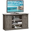 Tangkula up to 60 Inches Farmhouse TV Stand with Sliding Barn Doors, Side Sliding Door & Height Adjustable Shelves, Wooden TV Cabinet for Home Living Room (Grey)
