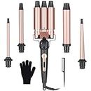 5 in 1 Curling Wand Set EMOCCI PRO Waver Hair Iron Crimper 3 Barrel Mermaid Waves with 5 Interchangeable Barrels 3/4-1 1/4 inch Hair Curler for Curly Hairstyle(Black,Rose)