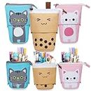 GFPGYQ 3 Packs Pop Up Pencil Case for Kids, Standing Pencil Holder Bag Zip Kawaii Stationery Pouch Organizer with Compartments School Office Gifts Retractable Pen Case Box Cute Cat Boba Tea Colored