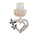 ELISE & FONDA CP619 USB Charging Port Crystal Anti Dust Plug Love Heart with Butterfly Phone Charm for iPhone 13/12/11/ XS MAX/XR/X/8 Plus/7/6S/8/SE iPad iPod (Black Gold), approx. 2 cm (L) x 0.3 cm