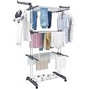 Clothes Drying Rack,4-Tier Foldable Clothes Hanger Adjustable Large Stainless Steel Garment Laundry Racks with 4 castors
