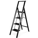HBTower Aluminum Step Ladder, Black Step Stool for Adluts with Handrail, 330LBS Capacity Sturdy, Portable 4 Step Ladder for Home Kitchen Library Office