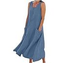 Linen Dress for Women Casual Sleeveless Round Sundresses Solid Color Maxi Dresses Summer Beach Boho Dress, 09-blue, 3X-Large