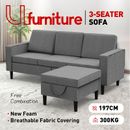 3 Seater Sofa w/Ottoman Flannel Linen Look Modular Sofa Furniture Sets Grey