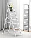 COROCO 6 Step Ladder for 12 Feet High Ceiling, Folding Step Stool with Handgrip and Anti-Slip Wide Pedal, Portable Lightweight Aluminum Stepladder for Kitchen, Home (330 lbs Capacity) - Silver