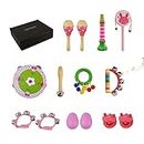 Locisne 14 Pcs Wooden Musical Instruments Set, Pink Mini Band Musical Sensory Initiation Instruments, Rocking Drums Sand Hammers/Rattles/Sand Eggs/Ring Hand Rattles for 1+ Year Old