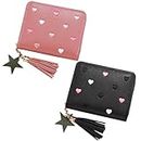 KMZ 2 Pcs Small Wallets for Women Girls Leather Slim Short Pocket Purse with Card Slots Star Pendant Zipper Coin Purse with Embroidery Heart (Black+Pink)