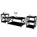 Bigbiglife Living Room Coffee Table Set of 3, Industrial X-Design Coffee Table and 2 End Side Tables, 3 Piece Living Room Table Set with Large Storage for Apartment Home, Black