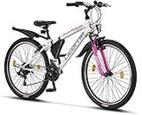 Licorne Bike Guide Bicicleta de montaña de 26 Pulgadas, Cambio de 21 velocidades, suspensión de Horquilla, Bicicleta Infantil, Bicicleta para niños y niñas, Bolsa para Cuadro,Blanco/Rosa