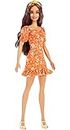 Barbie Fashionistas Doll #182, Long Wavy Brunette Hair, Headband, Orange Floral Print Dress with Ruffle Details & Heels, Toy for Kids Ages 3 and Up