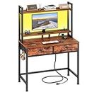 Furologee Small Computer Desk with Power Outlet and 2 Fabric Drawers, Gaming Desk with Light, Home Office Desk with Monitor Stand and Hutch for Small Space Working, Study Table with Shelf Rustic Brown