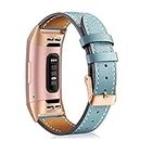 Mornex Leather Band Compatible with Fitbit Charge 3/ Charge 4, Replacement Genuine Leather Bands for Women Men(Royal Gold Connector & Blue)