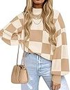 ZESICA Women's Fall Fashion Turtleneck Long Sleeve Striped Ribbed Knit Loose Pullover Sweater Tops 2023 Trendy Clothes, Khakiplaid, Small