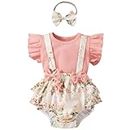 i-Auto Time Newborn Baby Girl Romper Dresses Clothes Set Short Sleeve Floral Ruffle Bow Overall Bodysuit Onesie Floral Skirt Hem Outfit (3Pcs Suspender Style Pink, 3-6 Months)